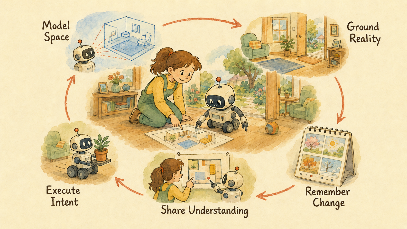 APRL의 Situated Spatial Intelligence 폐루프: Model Space, Ground Reality, Remember Change, Share Understanding, Execute Intent